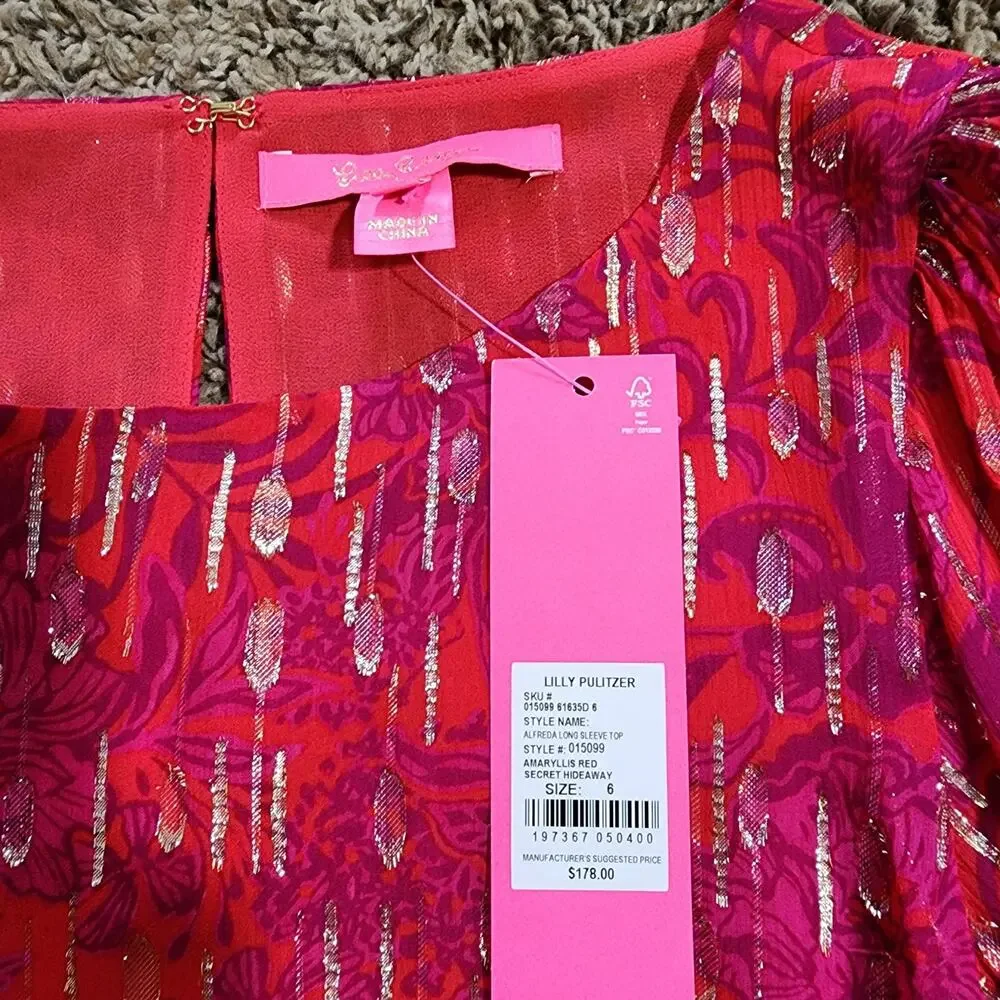 Lilly Pulitzer Metallic Shimmer Floral Puff Sleeve Blouse Top Pink Red Small NWT